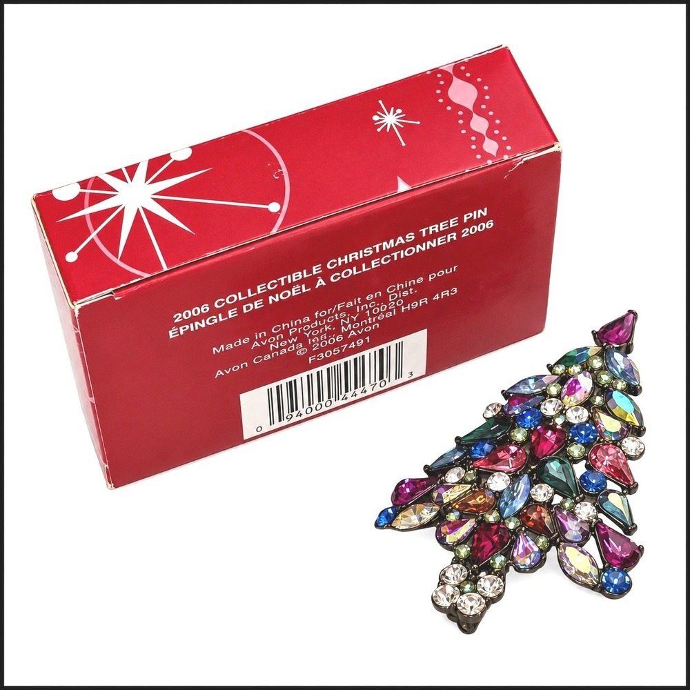 Avon 2006 Collectible Christmas Tree Pin 3rd Annual Rhinestone Brooch with Box